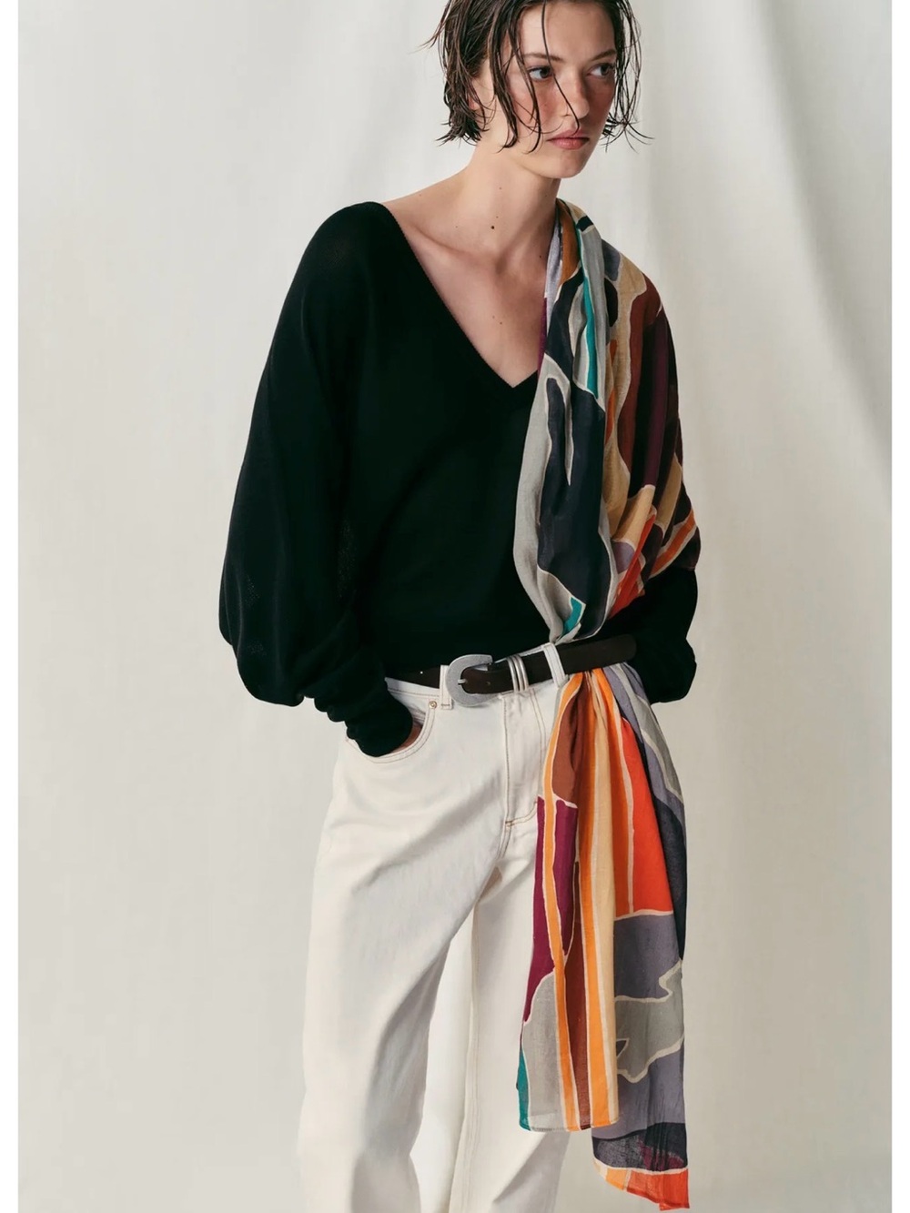 Zara Colorblock Abstract Lightweight Scarf in Orange, Teal, Burgundy